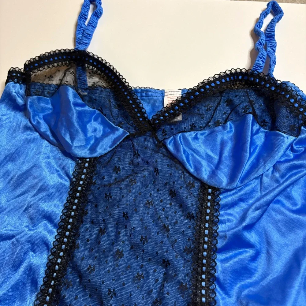 Unbranded Lingerie Camisole Womens M Blue Black Lace Trim Garter Straps USA